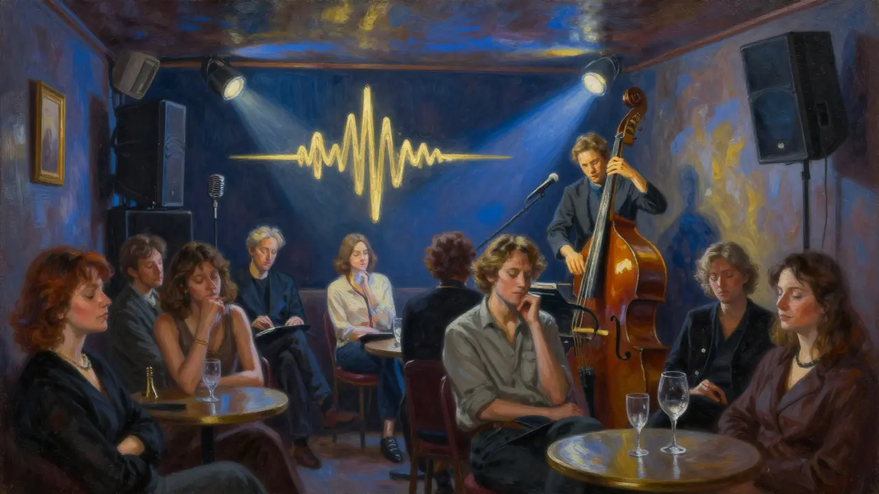 Audience deeply absorbed in a live jazz performance, eyes closed, in a cozy, dimly lit room.