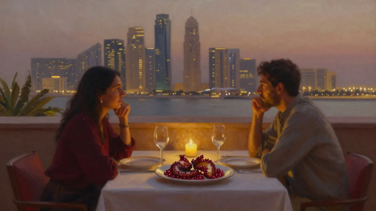 Candlelit rooftop dinner in Abu Dhabi with food on a low table, city lights glowing softly in the background.