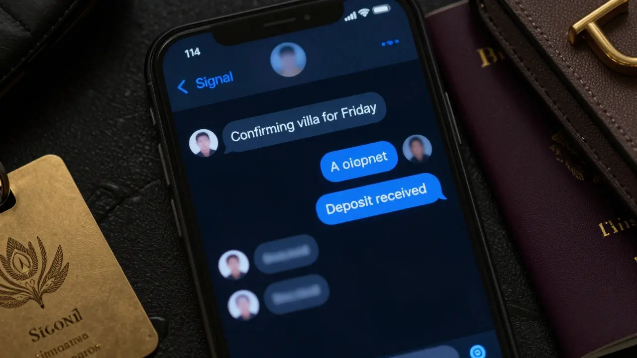 Close-up of a smartphone screen showing encrypted messages and luxury items like a passport and keycard in darkness.