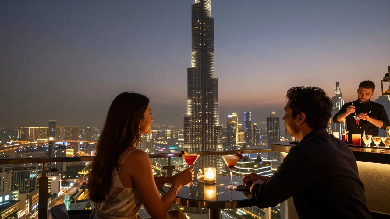 Couple enjoying cocktails at At.mosphere with breathtaking Burj Khalifa city view at night.