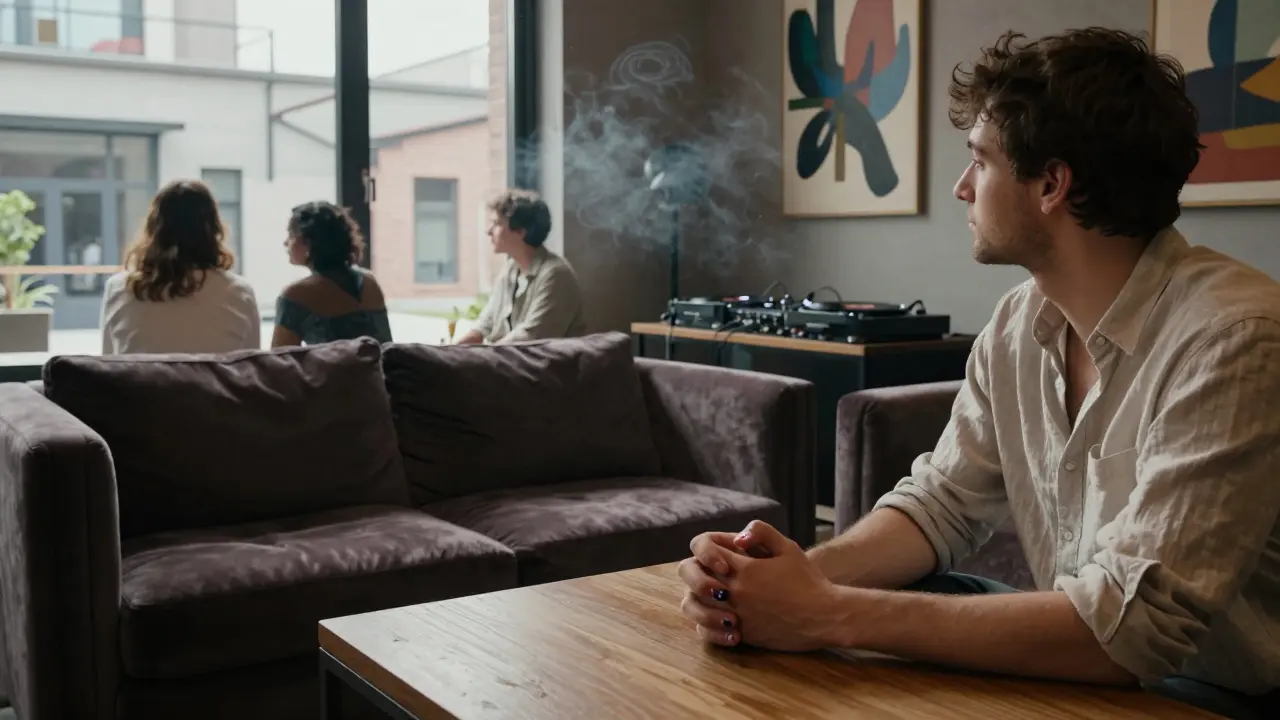Couples and creatives relaxing on velvet sofas in a quiet arts district lounge with soft lighting.