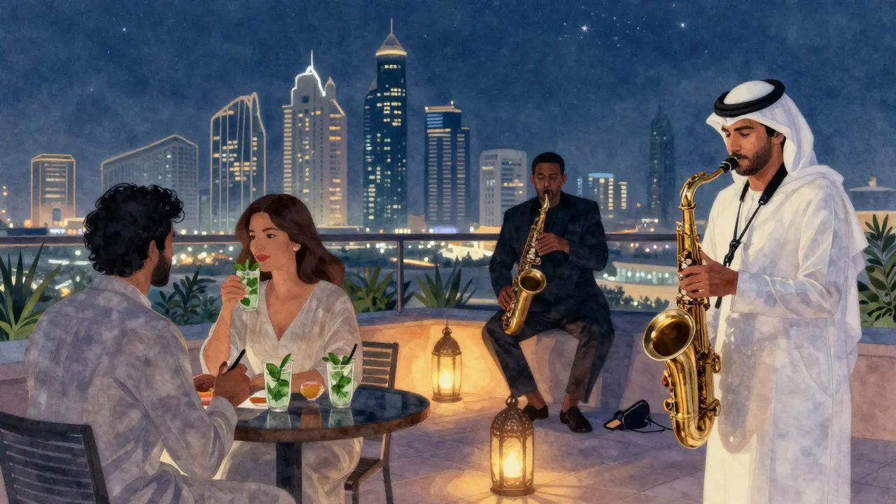 Couples enjoying live jazz on a rooftop under the stars with Abu Dhabi's skyline glowing behind them.