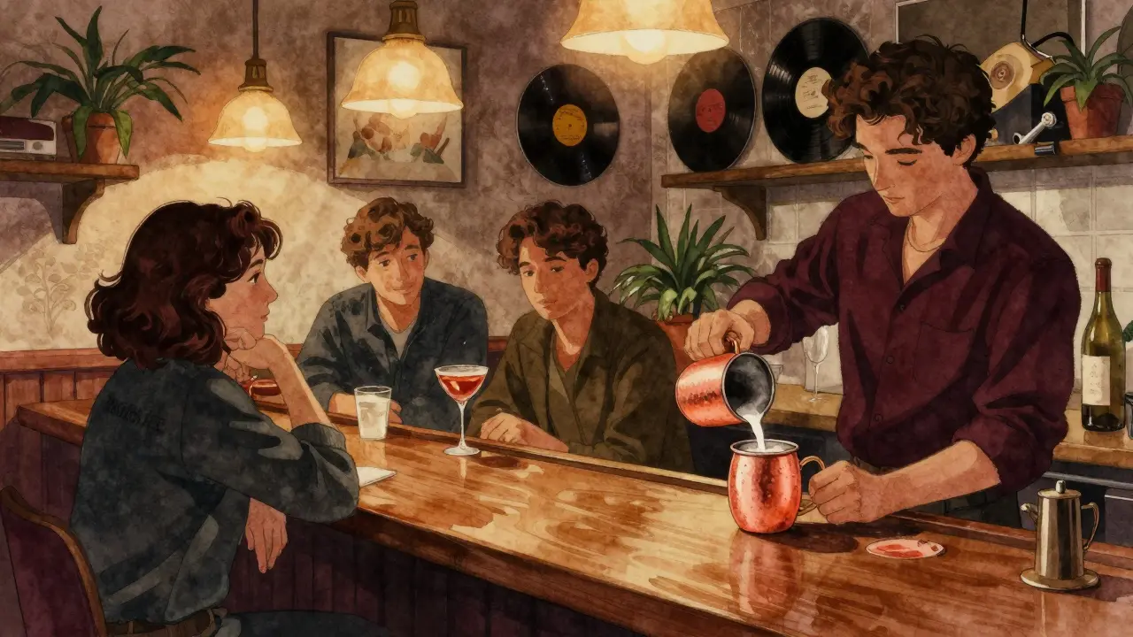 Cozy bar interior with warm lighting, patrons chatting and a cocktail being poured.