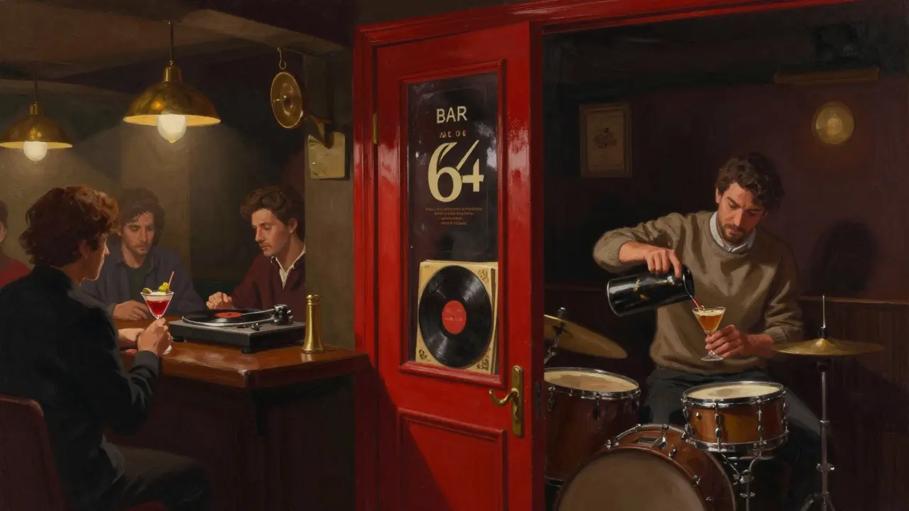Cozy basement bar with vinyl records and patrons sipping cocktails in soft lamplight, no phones allowed.