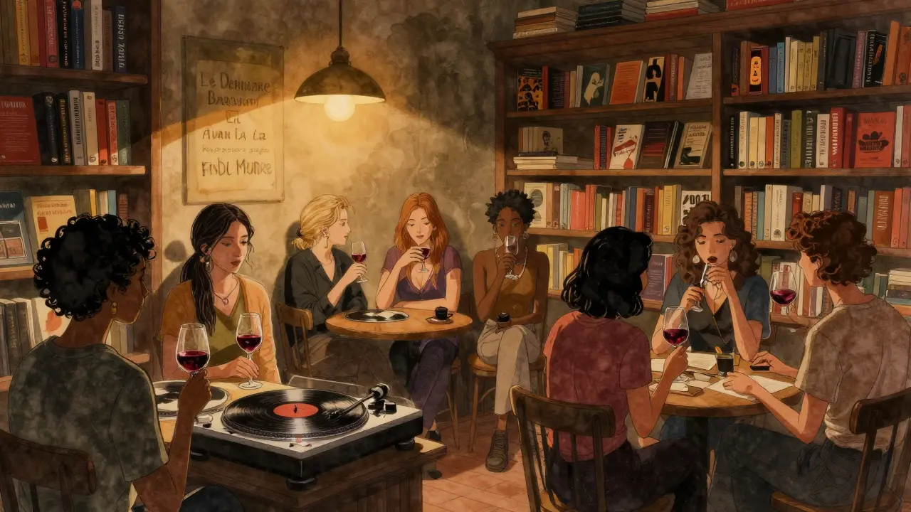 Cozy upstairs bar with queer women and non-binary patrons drinking wine amid bookshelves and soft amber lighting.