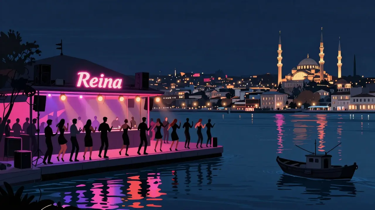 Crowd dancing at Reina nightclub on the Bosphorus, with city lights reflecting on the water and neon glow illuminating the night.