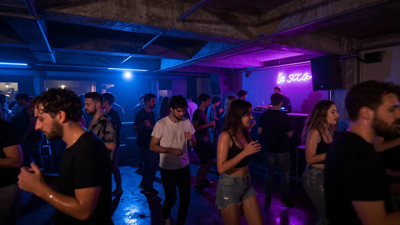 Crowd dancing in a dark, industrial warehouse club with neon lights in Milan