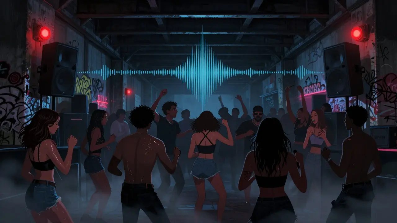 Dancers in a dim underground club under a railway bridge, bathed in moody blue and crimson light.