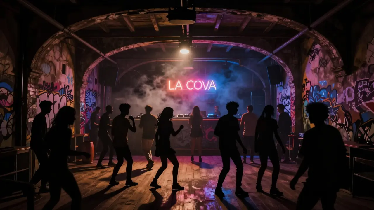 Dancers moving under railway arch at La Cova nightclub with industrial lighting and wooden floor.