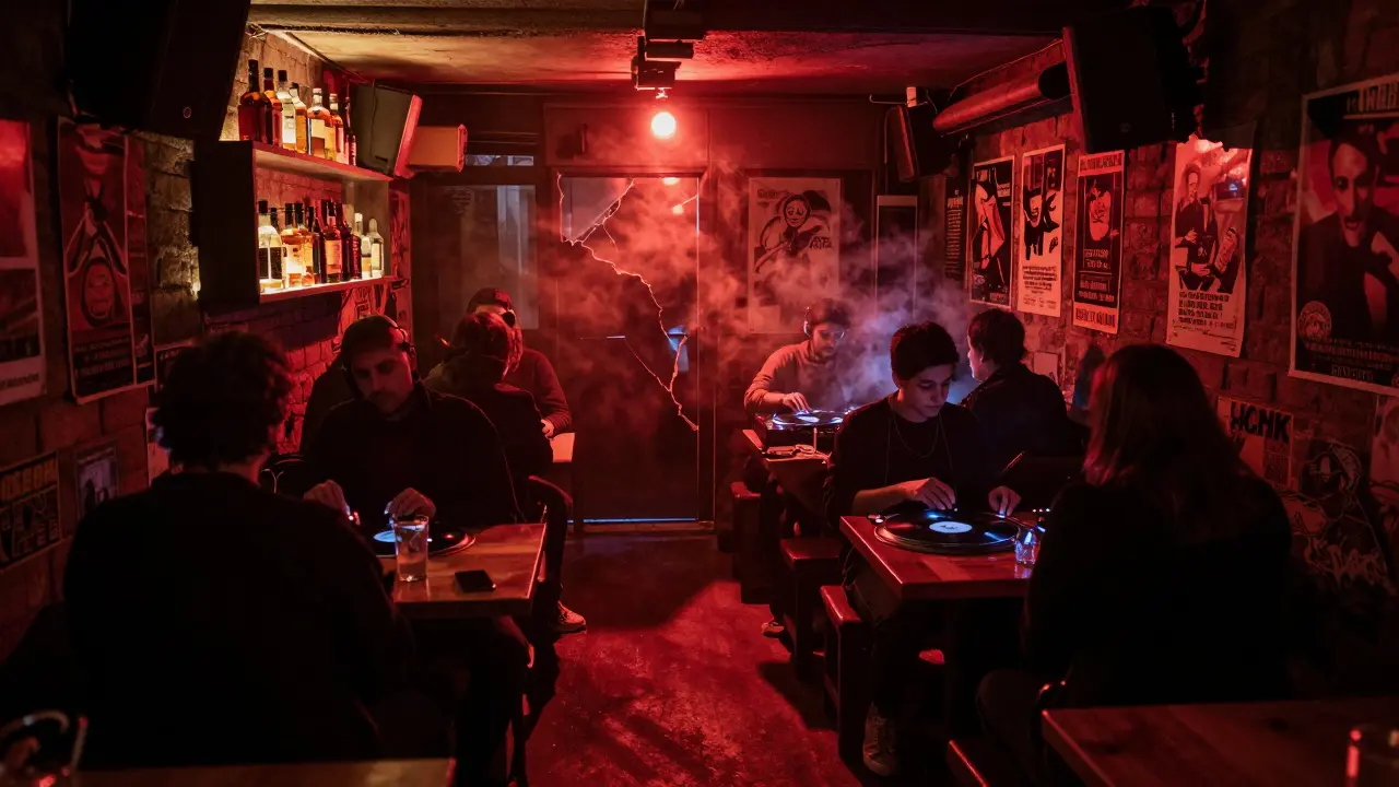 Dim underground club with smoke, vinyl records, and patrons lost in music.