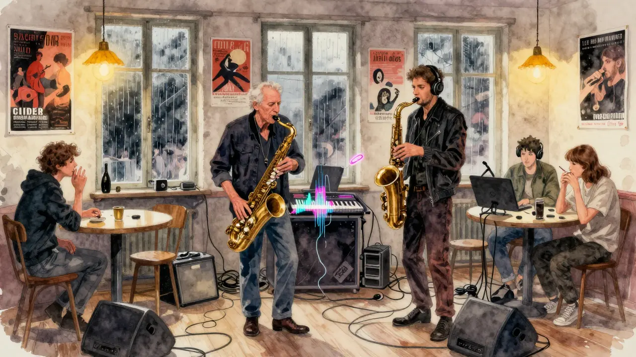 Diverse crowd enjoying a fusion jazz-electro show in a historic venue with hand-painted posters.