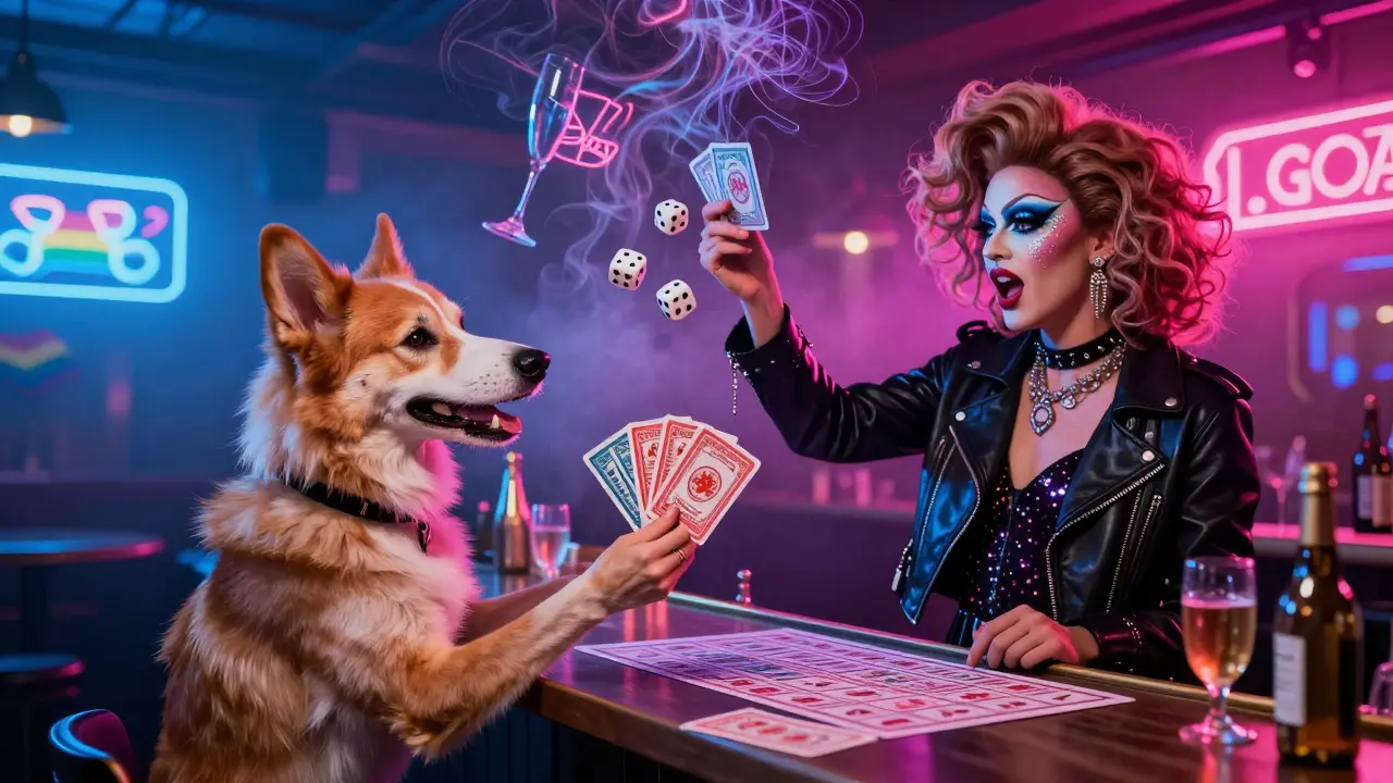 Drag bingo night at a trans-led Paris bar, glittering performers and neon projections in a surreal, vibrant setting.