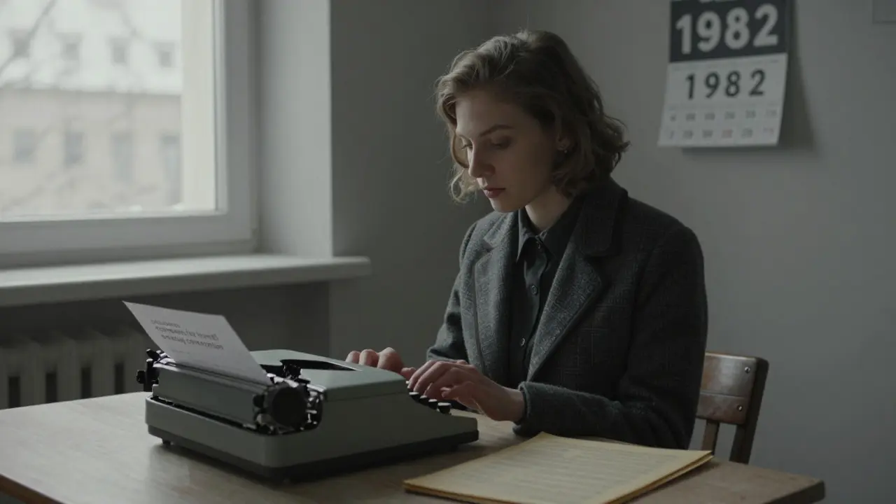 East Berlin woman typing a coded classified ad on a typewriter, Stasi file open beside her.