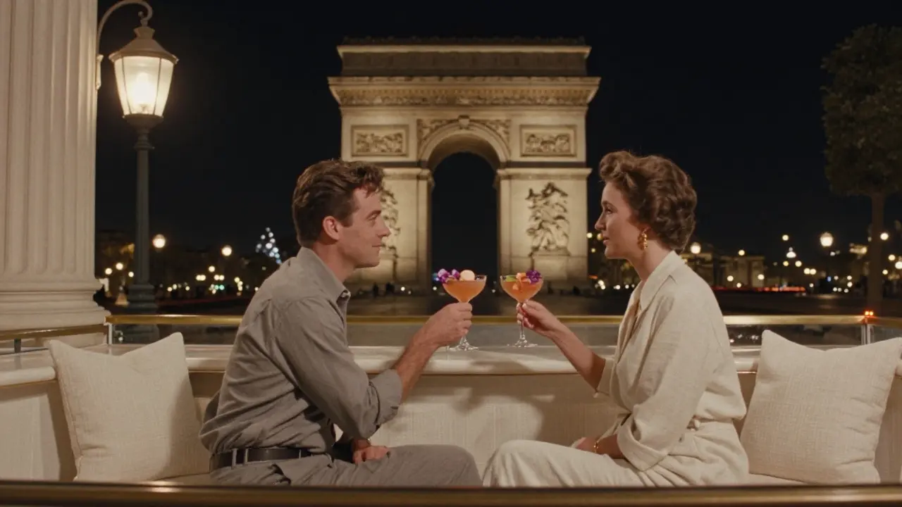 Elegant rooftop bar with white linen and glowing glass bar, Arc de Triomphe in background.