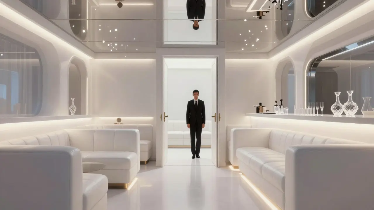 Exclusive nightclub entrance with white leather interiors and mirrored ceilings, no signs visible.