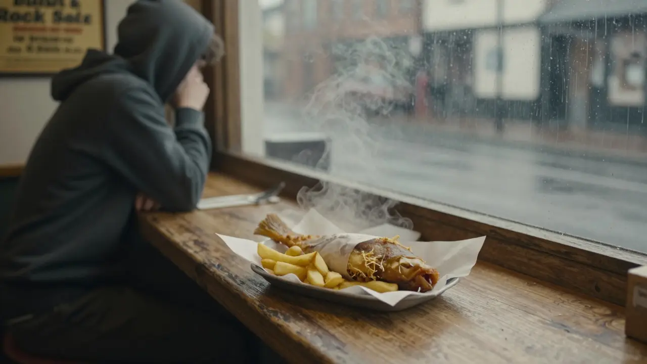 Fish and chips steaming at Rock &amp; Sole Plaice late at night in the rain.