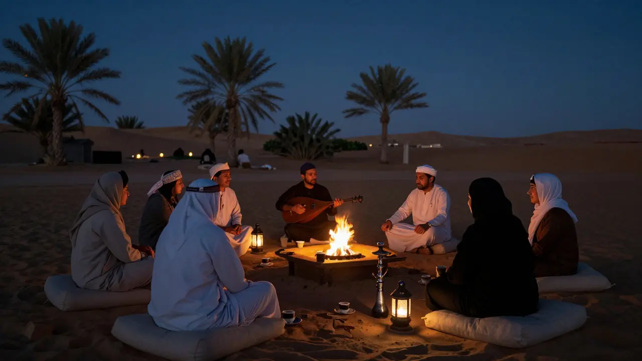 Guests relaxing in a desert oasis at night with lanterns, coffee cups, and a starry sky above.