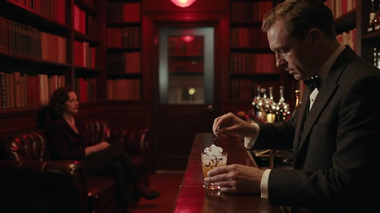 Hidden speakeasy bar with leather chairs and bartender mixing cocktails in dim light