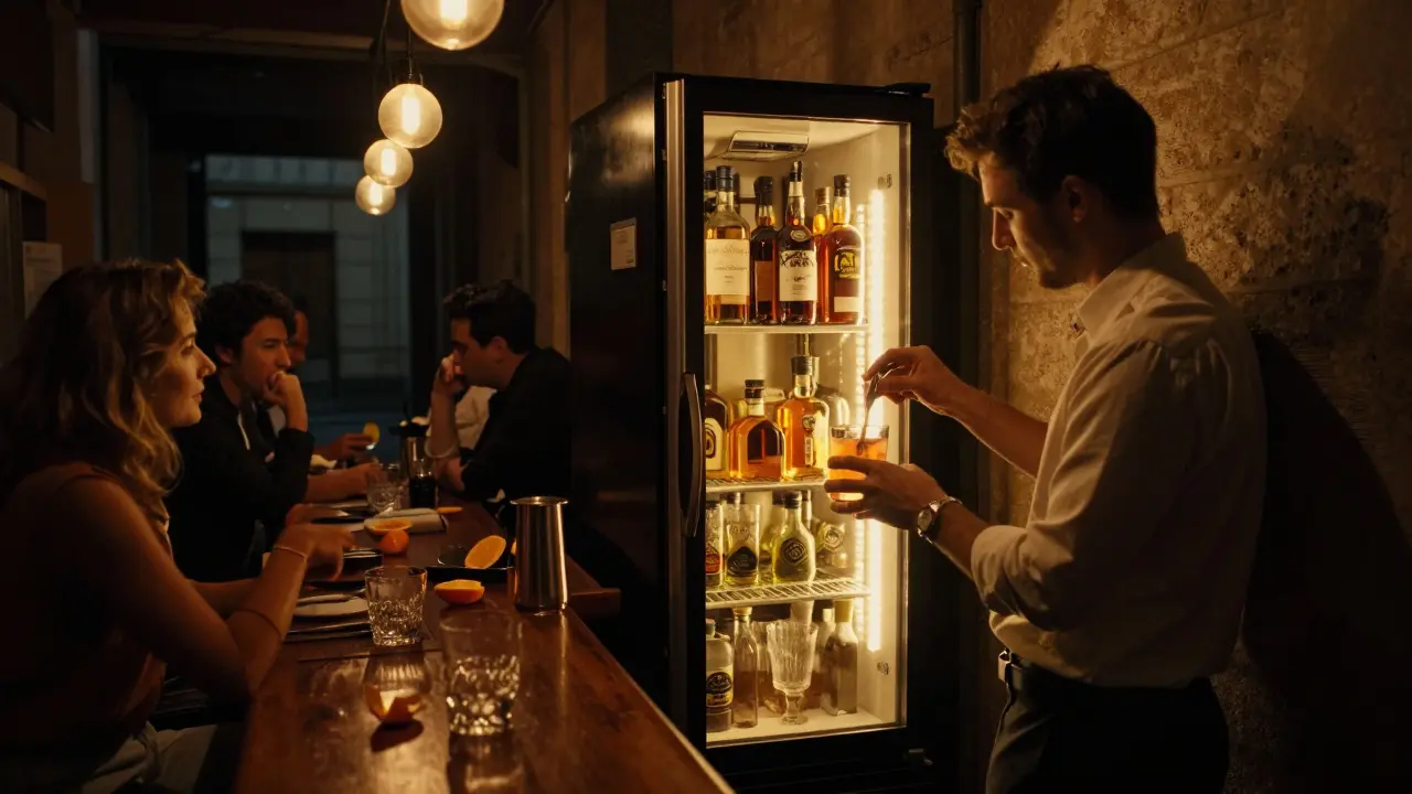Hidden speakeasy behind a fridge door, warm light spilling into alley as bartender prepares cocktails.
