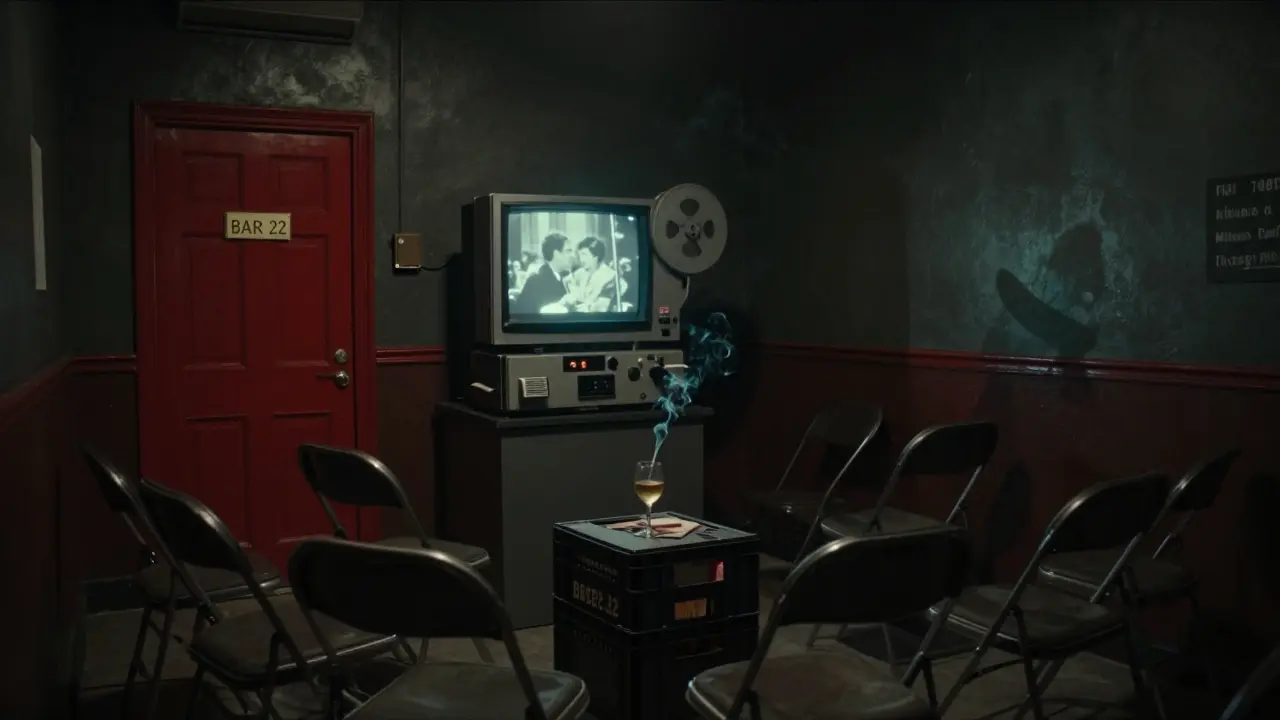 Hidden underground film club with a flickering projector and silent viewers in a dim, smoke-filled room under a kebab shop.