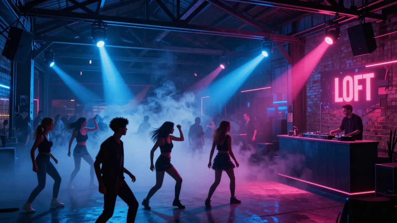 Industrial nightclub with fog, strobe lights, and dancers moving to deep house music on a concrete floor.