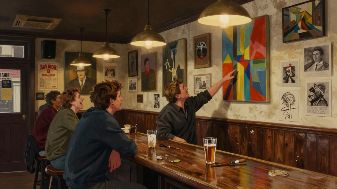 Interior of The Artist’s Arms pub with walls covered in original paintings, patrons conversing over drinks.