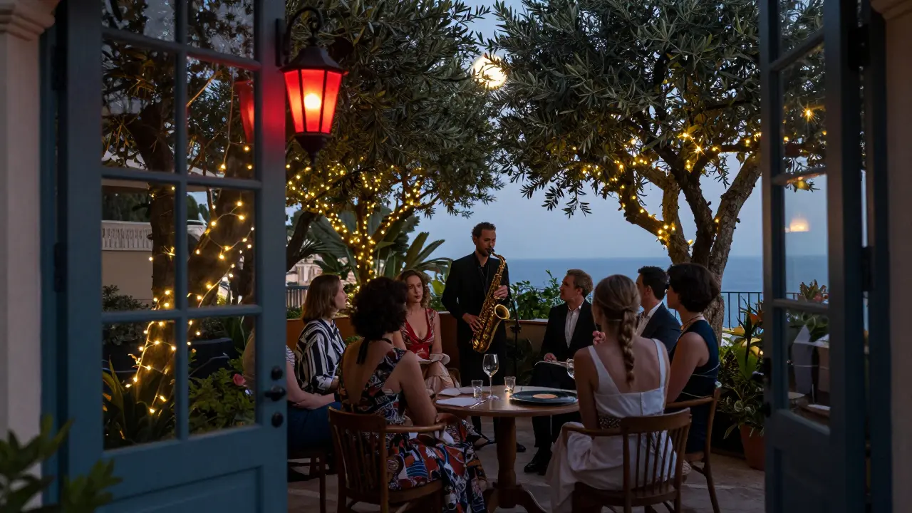 Intimate hidden nightclub La Perle in Monaco, lit by a red lantern and surrounded by garden lights and soft moonlight.