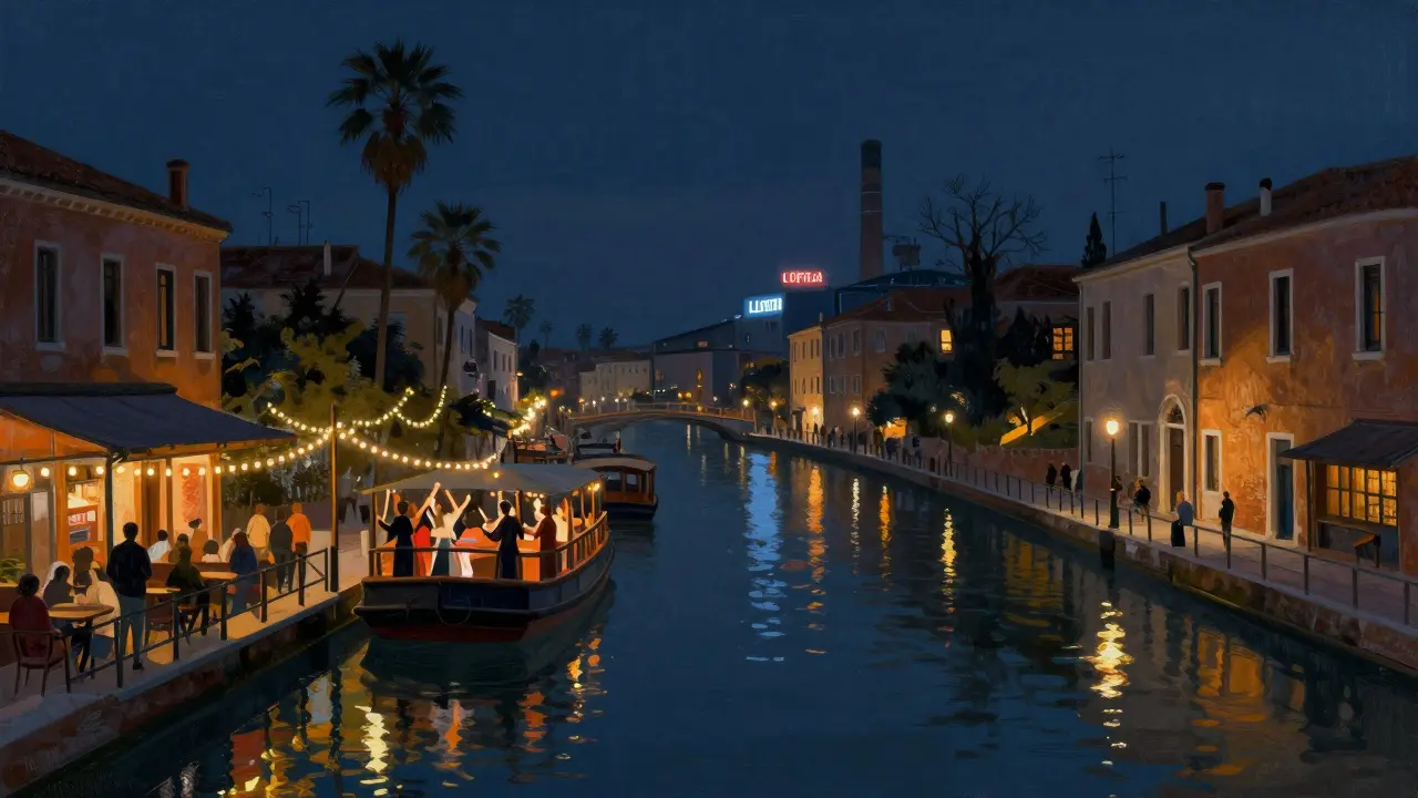 Nighttime view of Navigli canals with bars, boat parties, and glowing lights reflecting on water.