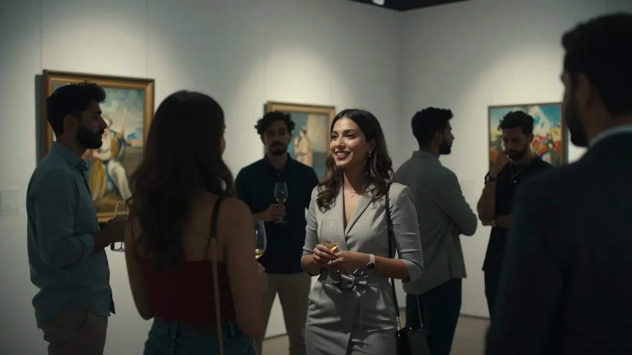 People mingling at an art gallery event in Dubai, engaging in thoughtful conversation.