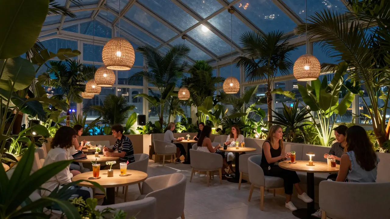 Quiet lounge with plants and herbal cocktails under soft lights at The Greenhouse in Dubai.