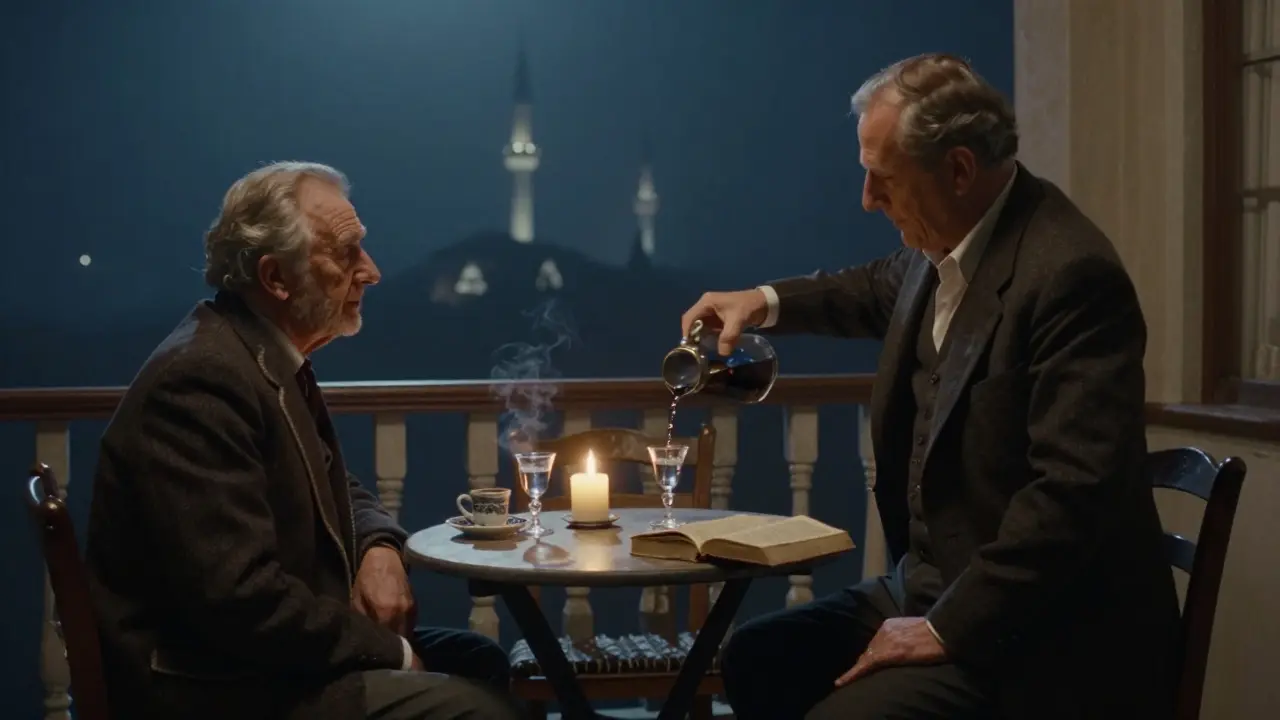 Quiet terrace at night with bartender pouring raki, candlelight, and distant minarets.