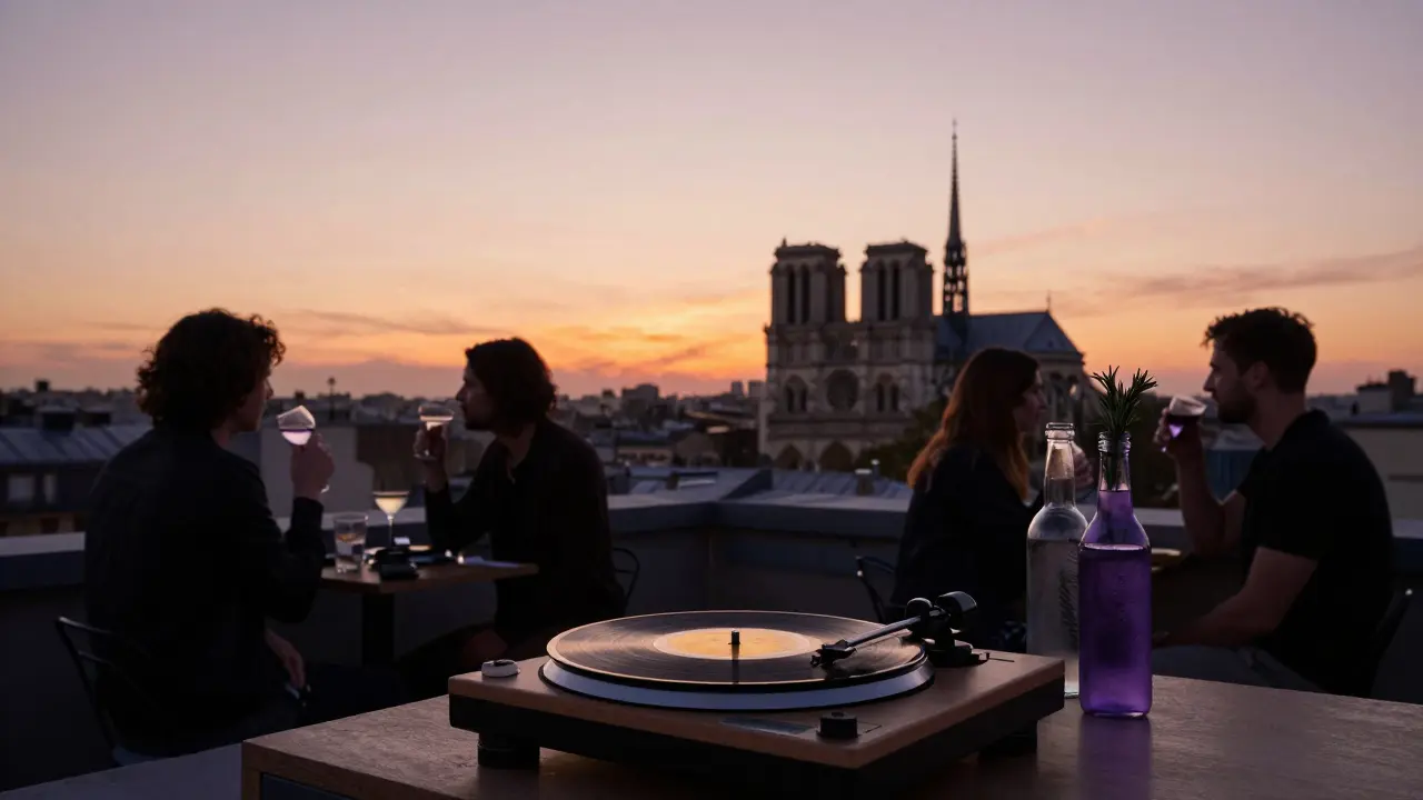 Rooftop terrace at sunset in Paris with patrons enjoying cocktails, no phones, only quiet solitude.