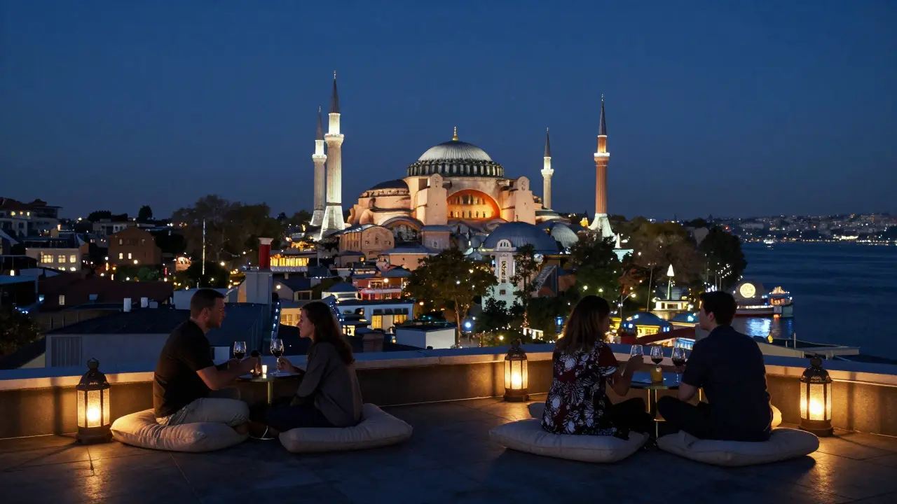Rooftop view of Istanbul's historic mosques lit up against the night sky.