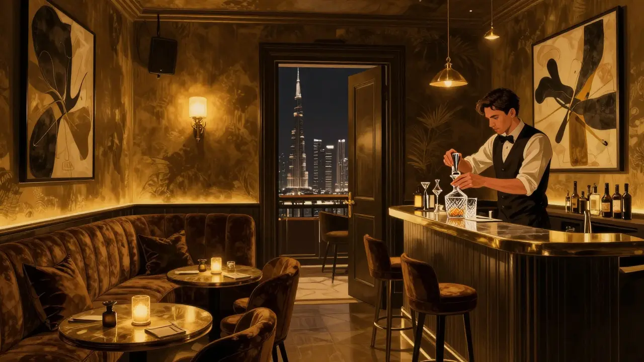Secretive speakeasy lounge with dim lighting, velvet furniture, and a mixologist crafting premium cocktails.