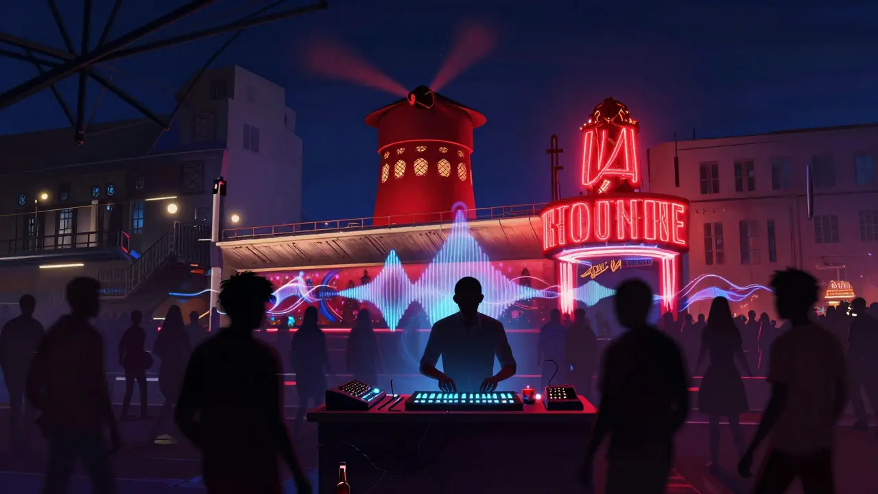 Silhouetted crowd dancing to electronic music in an industrial underground venue with glowing sound waves.