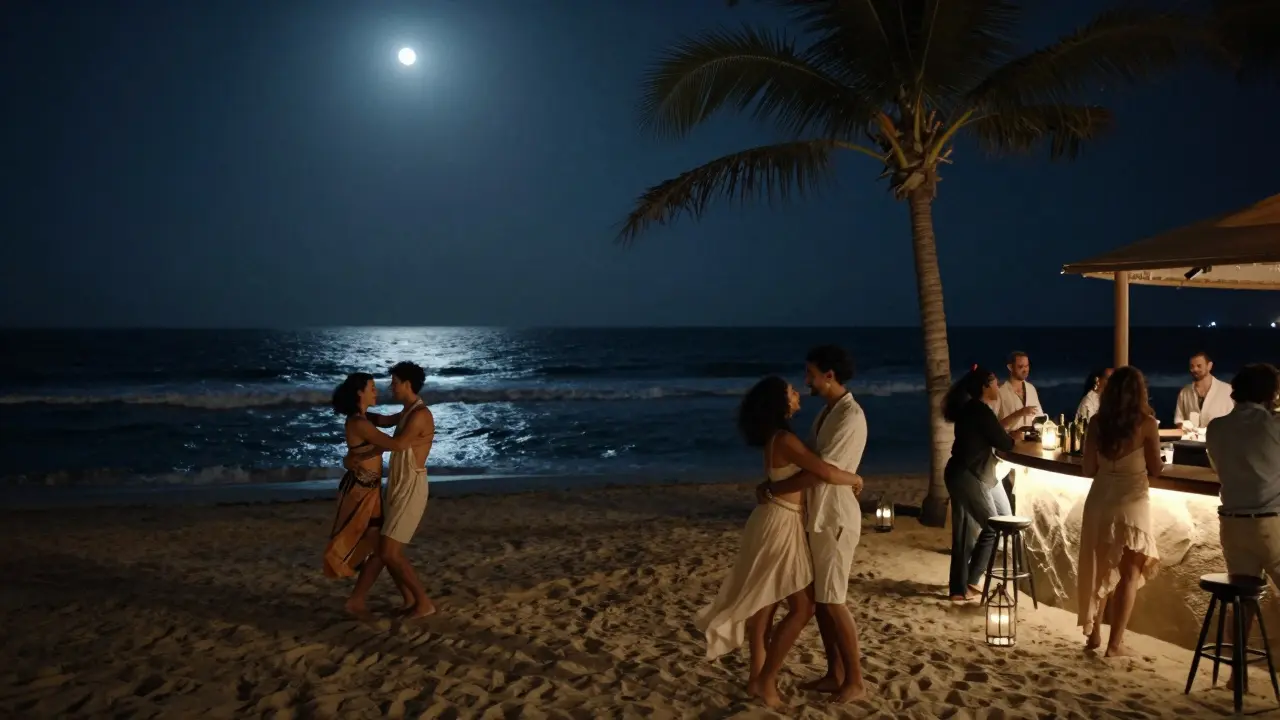 Silhouetted figures dancing barefoot on a moonlit private beach with gentle ocean waves.
