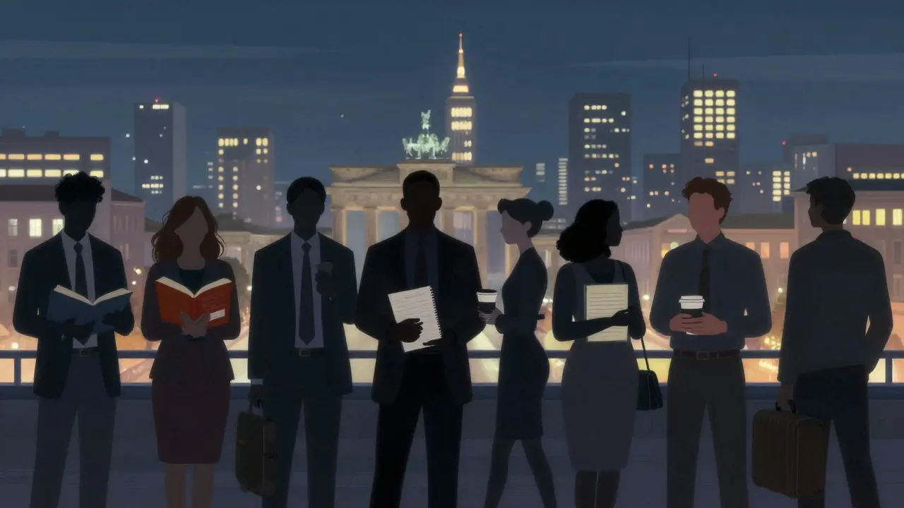 Silhouettes of diverse individuals in Berlin at night, each holding symbols of their lives beyond escort work, city lights glowing behind them.