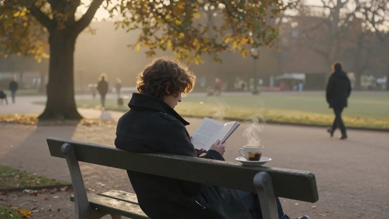Solitary figure reading in Luxembourg Gardens at dawn, morning light filtering through trees.