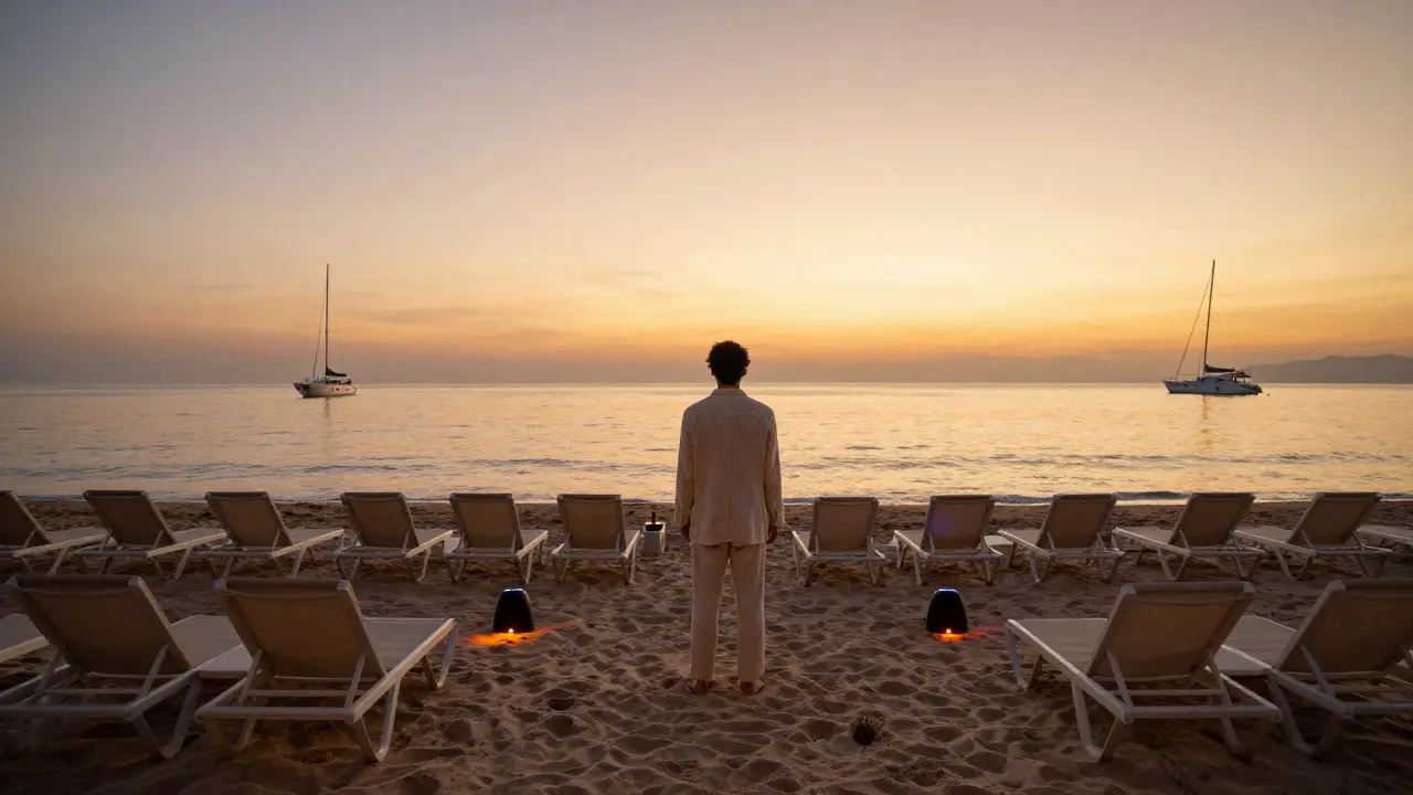 Sunrise at a quiet beach club with lone figure overlooking the Mediterranean at dawn.