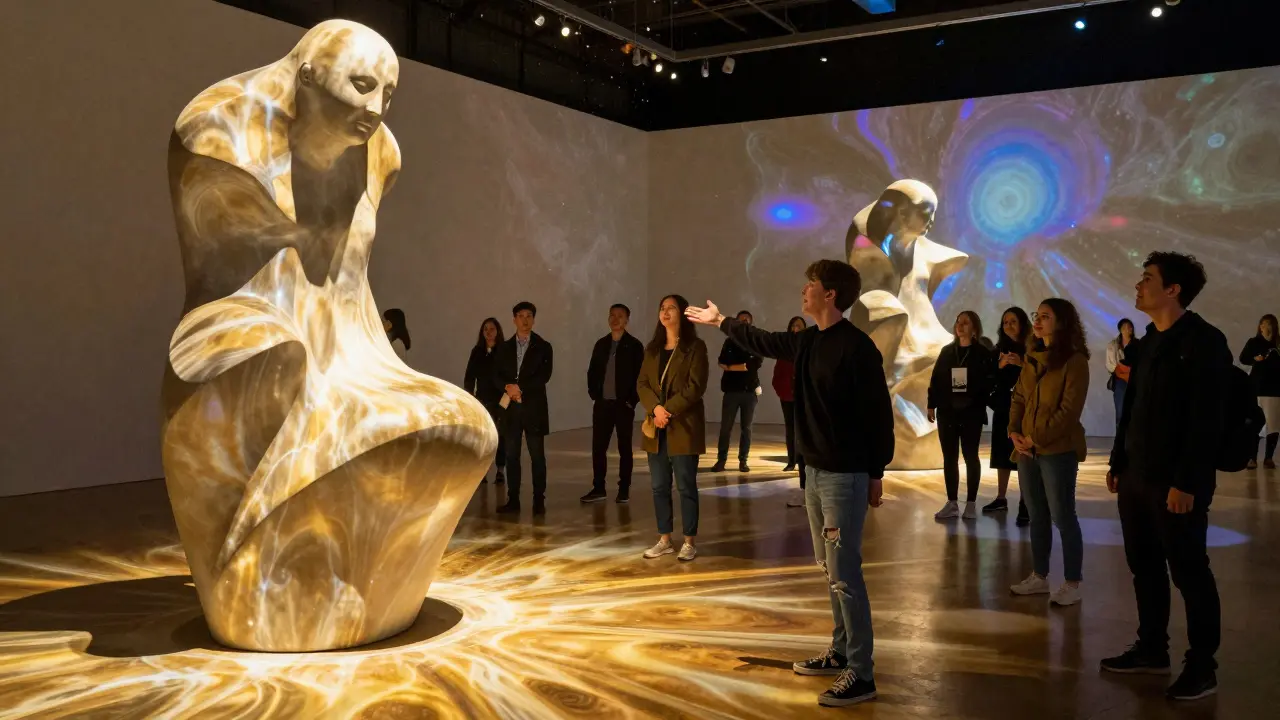 Tate Modern Turbine Hall illuminated by dynamic light projections, people standing in awe before sculptural forms.