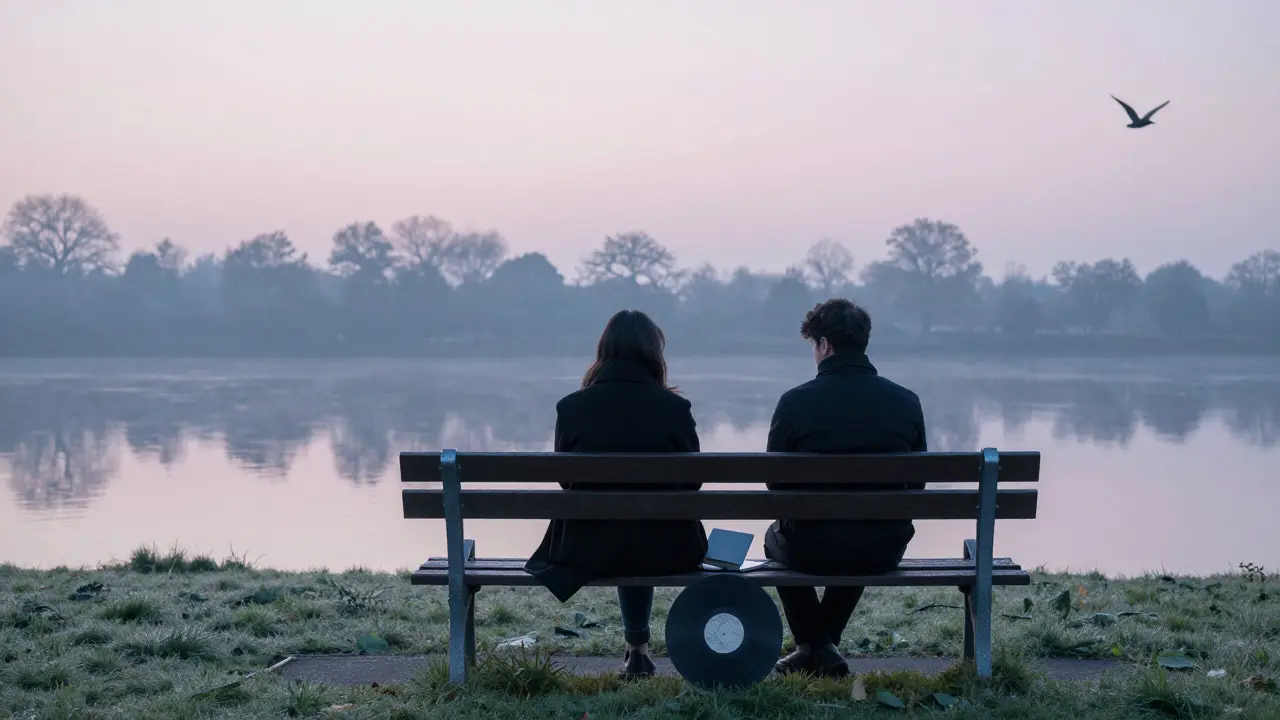 Two figures sitting silently on a park bench at dawn beside the Serpentine, book and record between them.