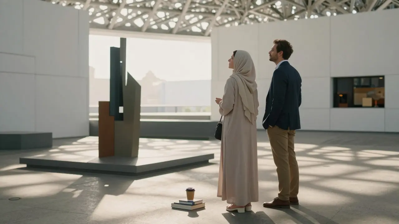 Two people admiring art together at Louvre Abu Dhabi, sunlight casting patterns on the floor.