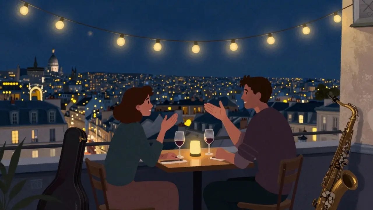 Two people enjoy wine at a secret rooftop bar in Montmartre, city lights twinkling below.
