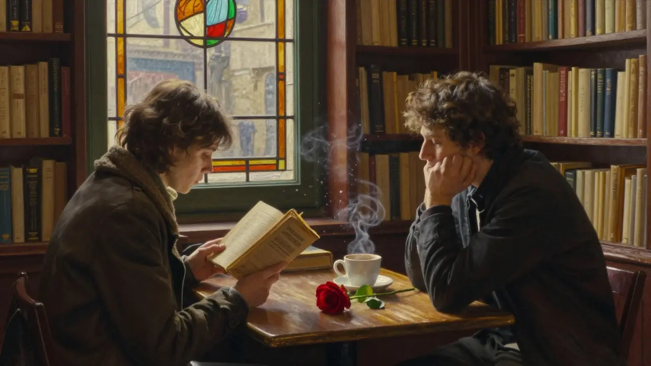Two people read poetry together in a quiet Parisian bookshop, sunlight filtering through stained glass.