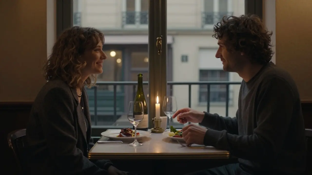 Two people share a quiet dinner in a Paris bistro, engaged in thoughtful conversation under candlelight.