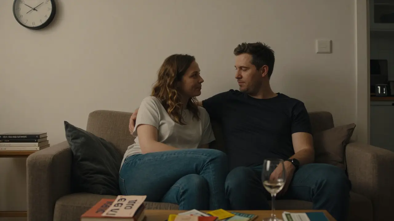Two people sharing a quiet, respectful moment on a couch in a Berlin apartment, with cultural items visible.