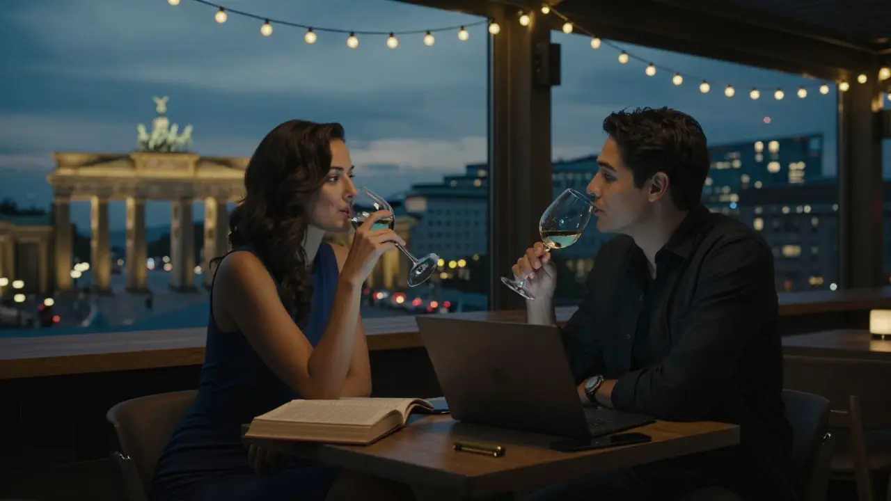 Two people sit at a rooftop bar in Berlin at dusk, gazing at the city skyline, engaged in thoughtful conversation.