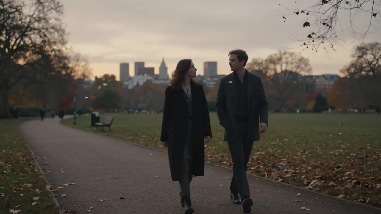 Two people walking peacefully along a park path at sunset, surrounded by autumn leaves and the glow of the London skyline.