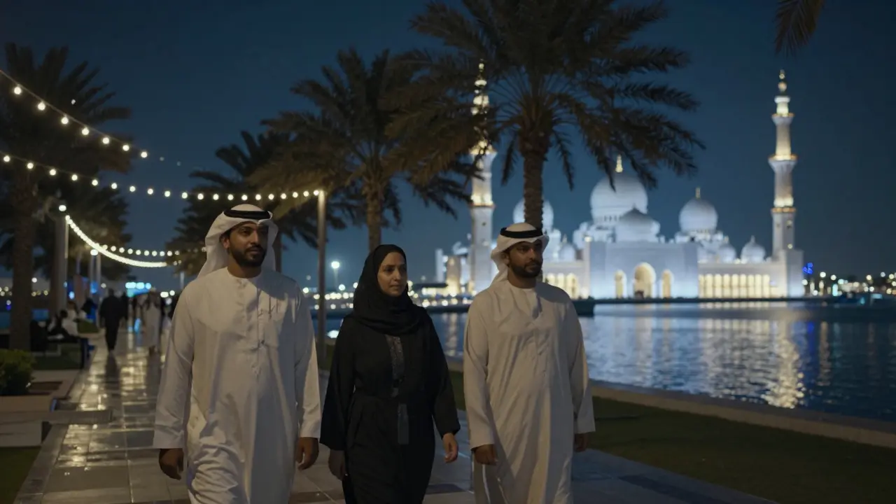 Two people walking peacefully along the Corniche at night, the Grand Mosque glowing in the distance.