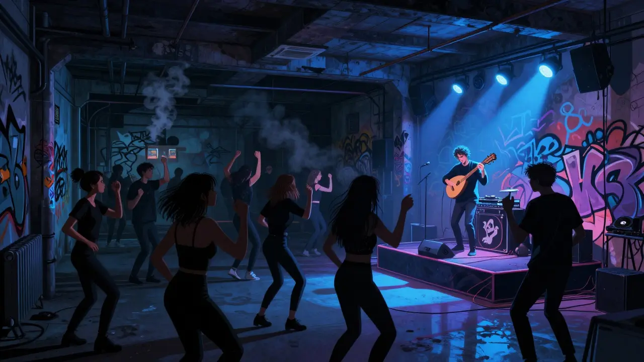 Underground club with musicians playing traditional instruments beside a DJ, crowd dancing in dim neon light.